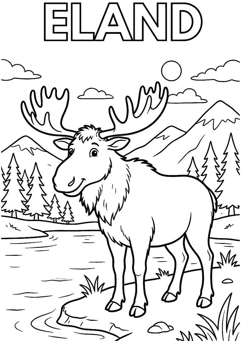 Kleurplaat van een lachende eland met een breed gewei aan de oever van een bergmeer met dennenbomen en besneeuwde bergen
