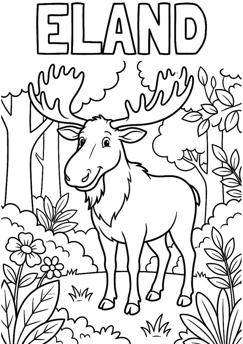 Kleurplaat van een glimlachende eland met een breed schoffelgewei in een bos met struiken en bloemen, ELAND erboven