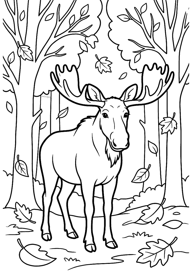 Kleurplaat van een eland met een breed schepvormig gewei die tussen bomen staat terwijl er bladeren naar beneden vallen