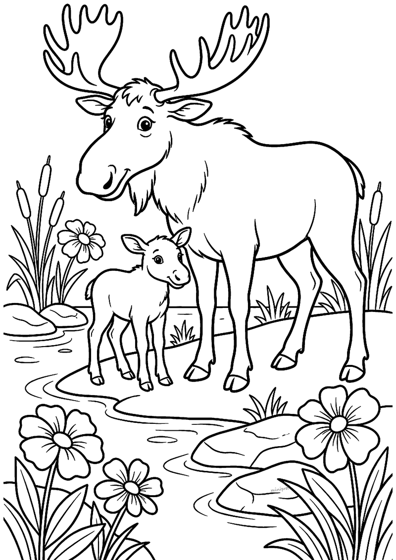 Kleurplaat van een grote eland met breed gewei en een klein kalfje aan de rand van een beekje, met bloemen en lisdodden