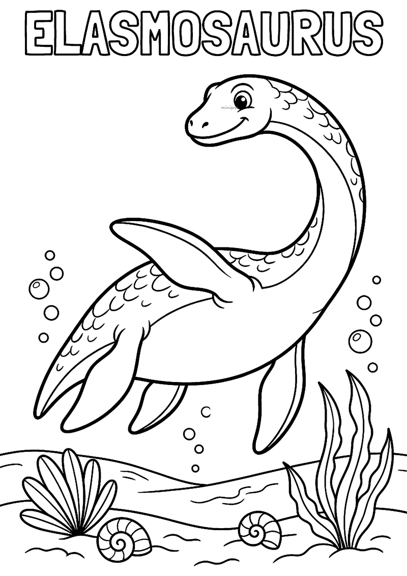 Kleurplaat van een elasmosaurus met lange nek en vier flippers die onder water zwemt tussen bubbels en zeewier