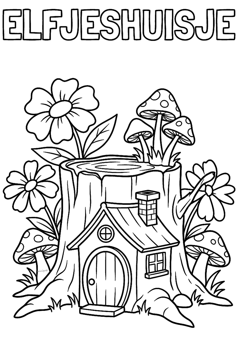 Kleurplaat van een klein huisje met ronde deur en schoorsteen in een boomstronk, met paddenstoelen en bloemen