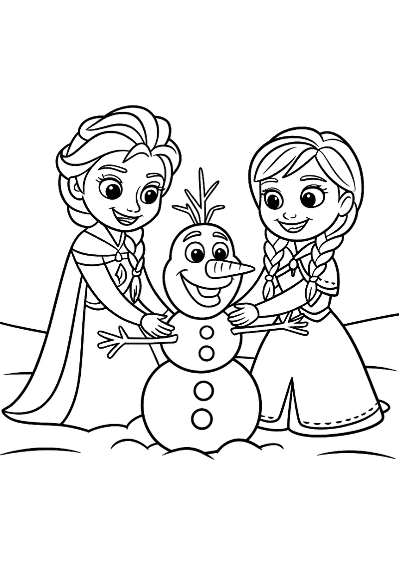 Elsa en Anna Bouwen Sneeuwpop Samen — gratis kleurplaat