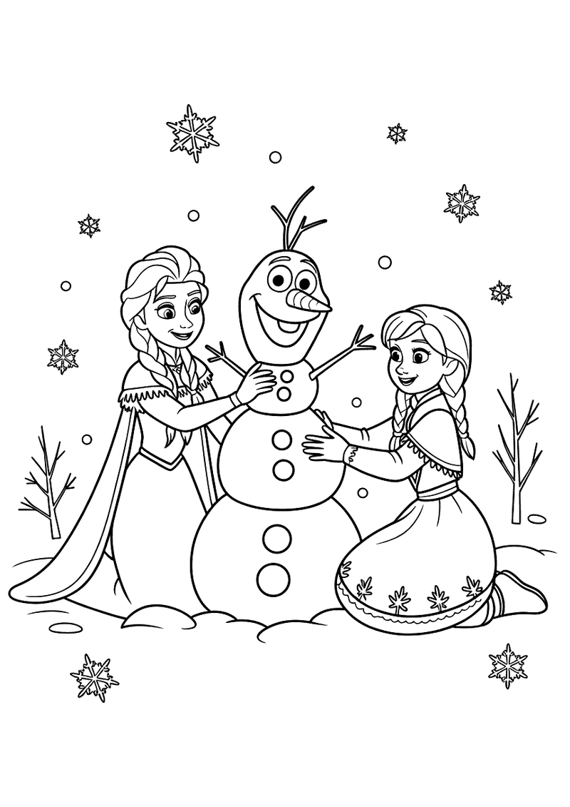 Kleurplaat van Elsa en Anna die samen knielen bij Olaf de sneeuwpop omringd door sneeuwvlokken en kale takken