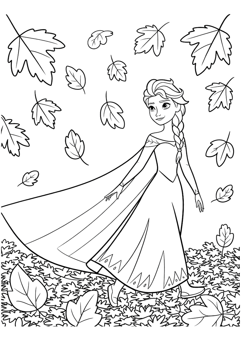 Kleurplaat van Elsa die wandelt terwijl herfstbladeren om haar heen naar beneden dwarrelen in een herfstlandschap