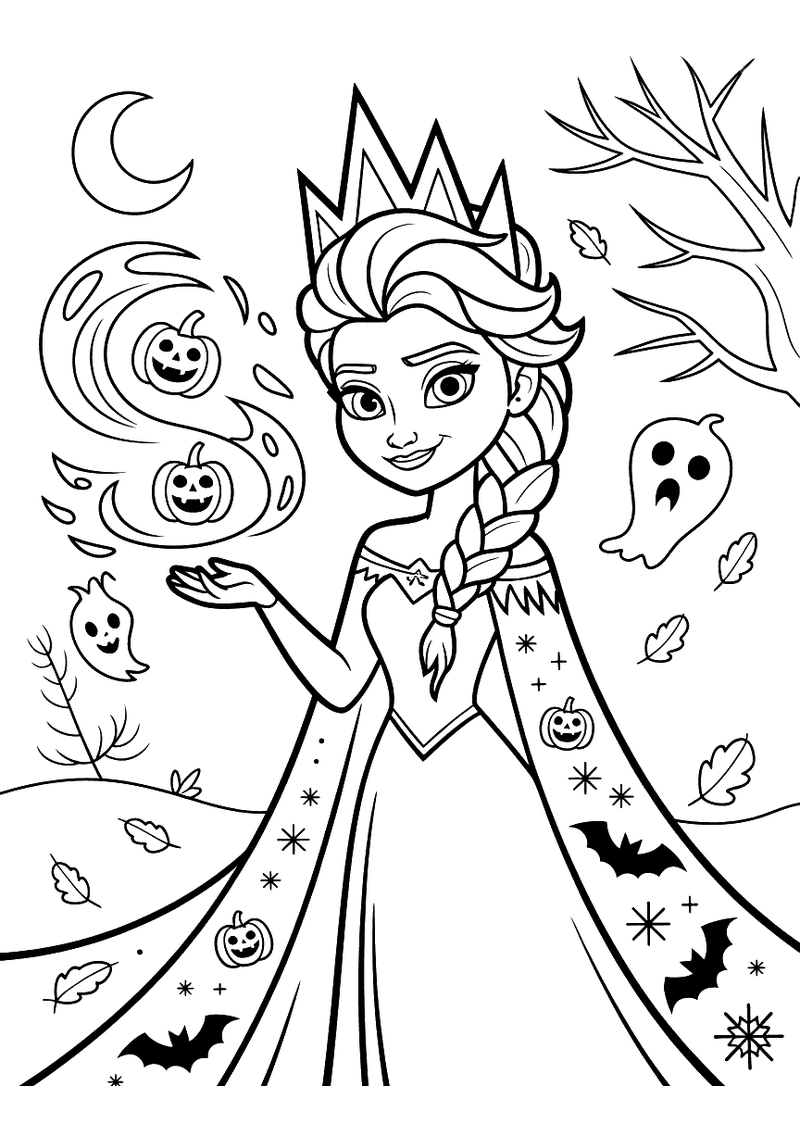 Kleurplaat van Elsa als Halloween ijskoningin met een kroon, zwevende pompoenen en geesten, vleermuizen en een maan op d