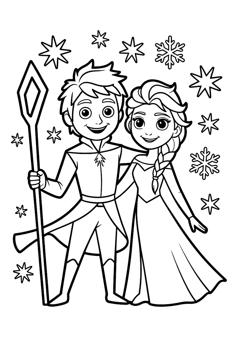 Kleurplaat van Elsa en Jack Vorst die naast elkaar staan, Jack met zijn ijsstaf, omringd door sneeuwvlokken