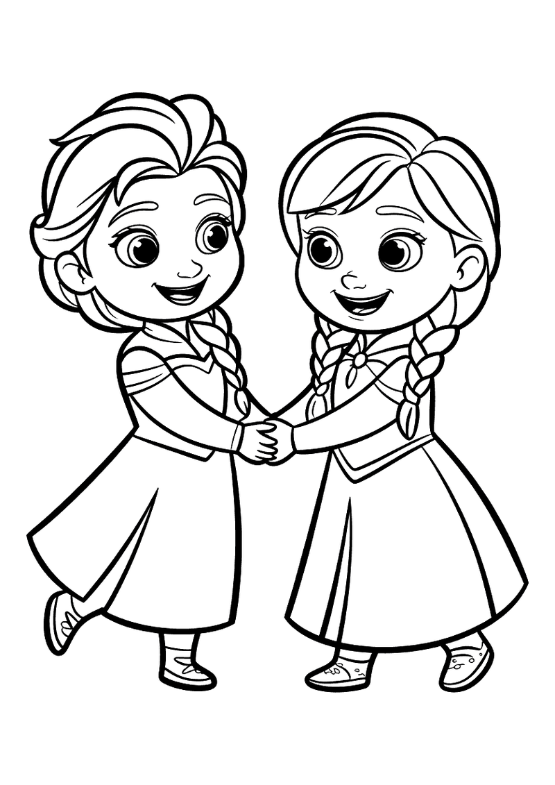Kleurplaat van jonge Elsa en kleine Anna als kinderen die elkaars handen vasthouden en naar elkaar lachen