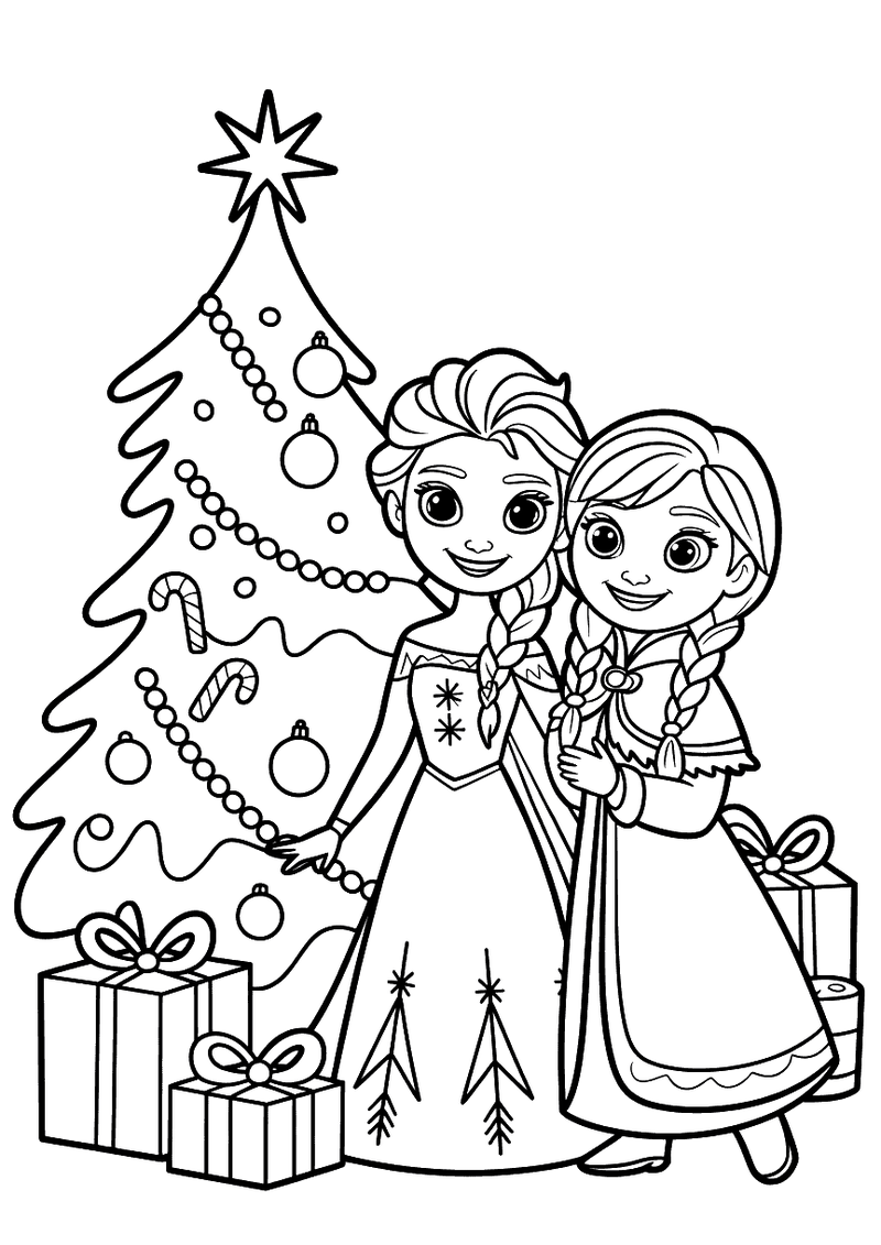 Kleurplaat van Elsa en Anna die hand in hand bij een versierde kerstboom met cadeautjes staan te genieten van kerst