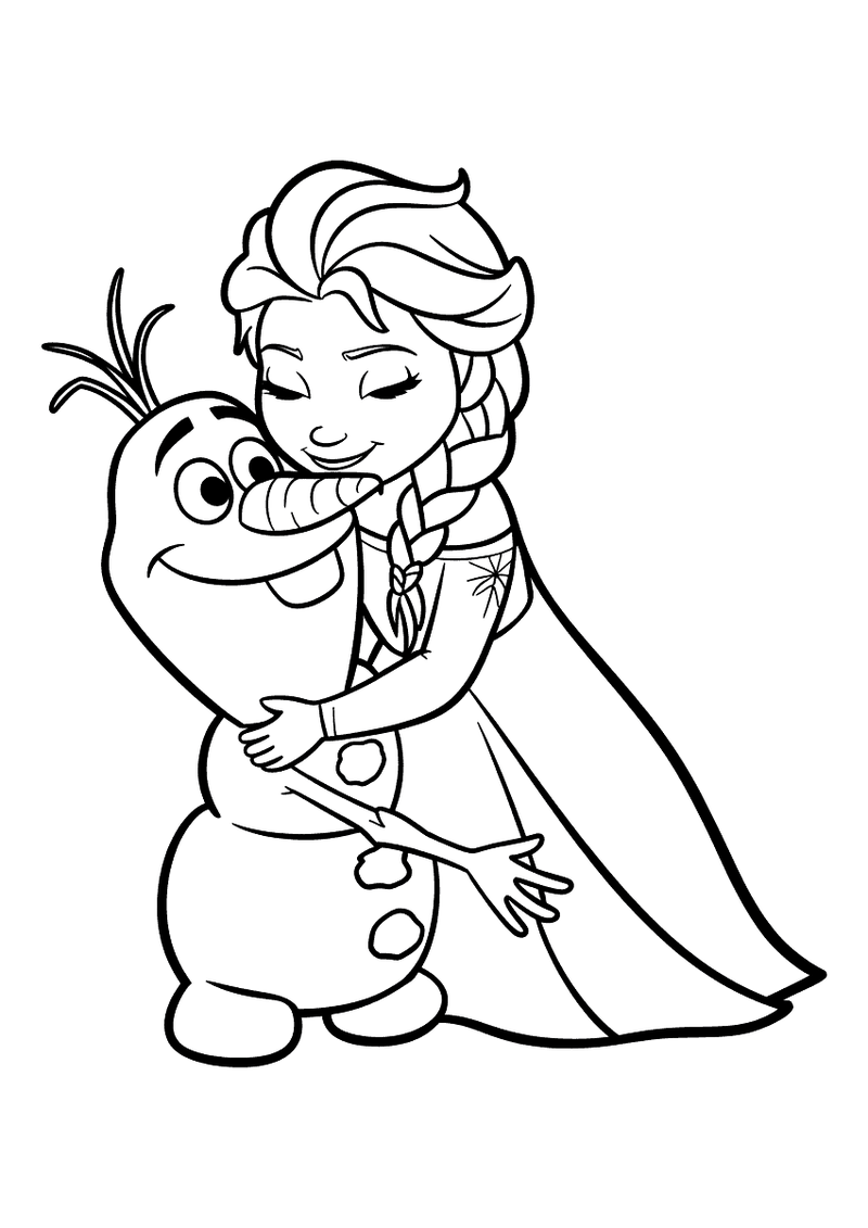 Kleurplaat van Elsa die sneeuwpop Olaf stevig knuffelt, beide met een glimlach op het gezicht