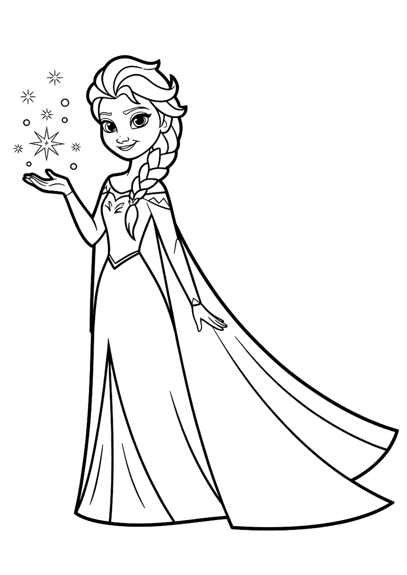 Kleurplaat van Elsa als koningin van Arendelle die glimlacht met een sneeuwvlok in haar hand en haar mantel wijd uitgesp