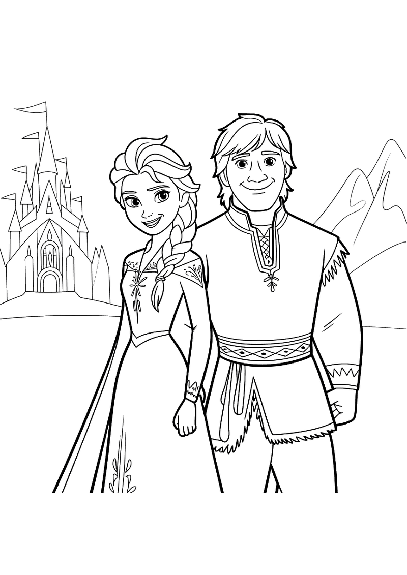 Kleurplaat van Elsa en Kristoff die naast elkaar staan voor het kasteel van Arendelle met bergen op de achtergrond