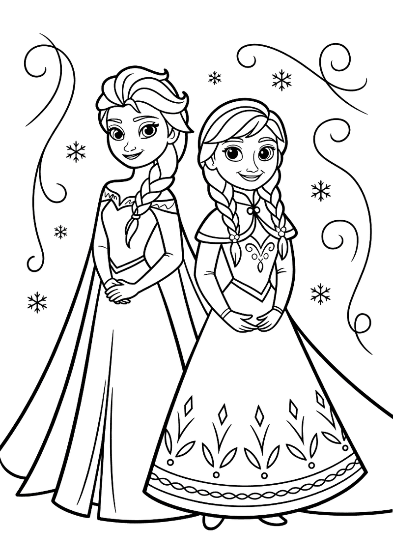 Kleurplaat van Elsa en Anna in feestelijke kroningsdagkleding naast elkaar, omgeven door sierlijke krullen en sneeuwvlok