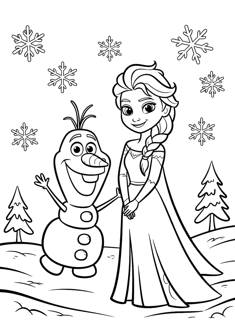 Kleurplaat van Elsa en sneeuwpop Olaf die naast elkaar staan in een winters landschap met sneeuwvlokken en dennenbomen