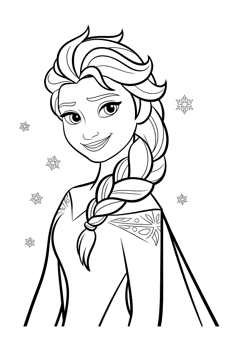 Kleurplaat van een close-up portret van Elsa met haar lange vlecht over haar schouder en kleine sneeuwvlokjes om haar he