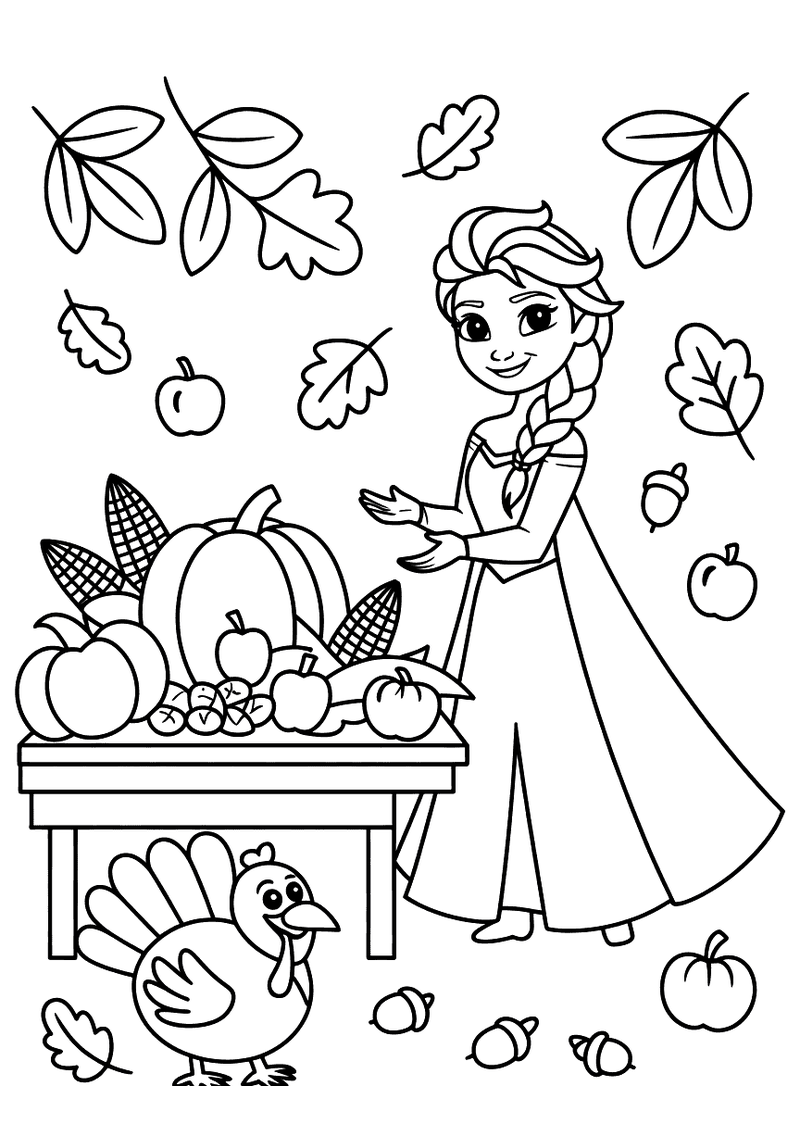 Kleurplaat van Elsa naast een oogsttafel met pompoen, appels en maïs, een kalkoen op de voorgrond en herfstbladeren om h