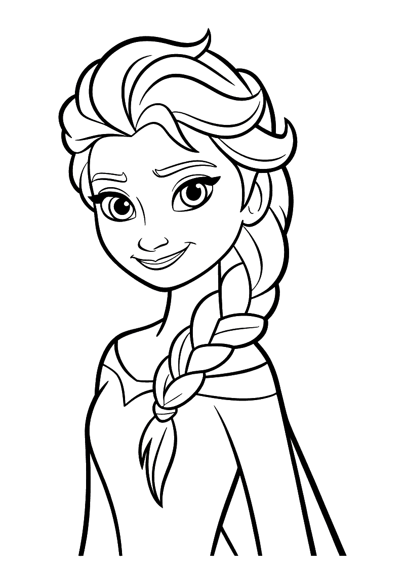 Kleurplaat van een groot close-up portret van Elsa met haar vlecht die over haar schouder valt en een zachte glimlach op