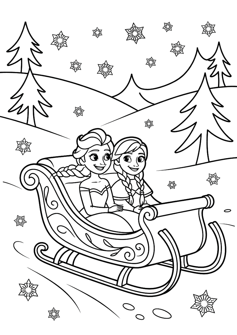 Kleurplaat van Elsa en Anna die samen lachend in een slee rijden door een besneeuwd landschap met dennenbomen en sneeuwv