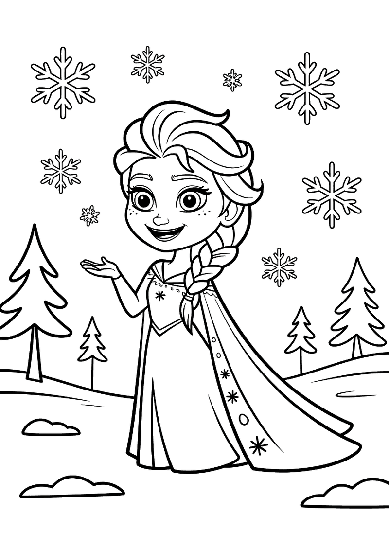 Kleurplaat van jonge Elsa die in een winters sneeuwlandschap staat met dennenbomen op de achtergrond en haar hand open h