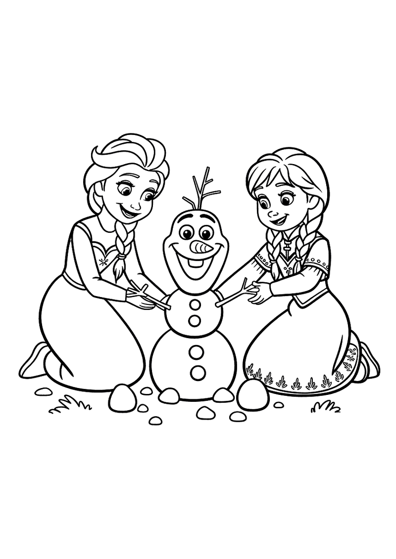 Kleurplaat van jonge Elsa en kleine Anna die samen lachend sneeuwpop Olaf bouwen terwijl ze op de grond zitten