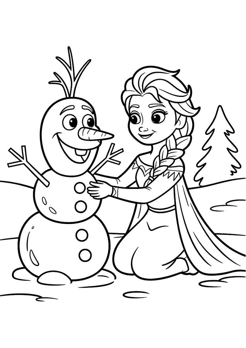 Kleurplaat van jonge Elsa die naast sneeuwpop Olaf zit in de sneeuw en haar hand op zijn ronde buik legt