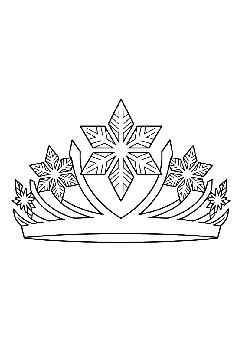 Kleurplaat van de sierlijke tiara van Elsa met grote sneeuwvlokken als centraal motief, weergegeven als enkel decoratief