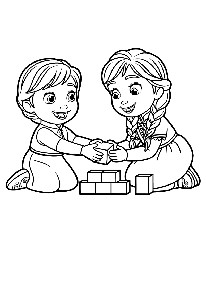 Kleurplaat van jonge Elsa en kleine Anna die op de grond zitten en samen spelen met houten blokken terwijl ze lachen