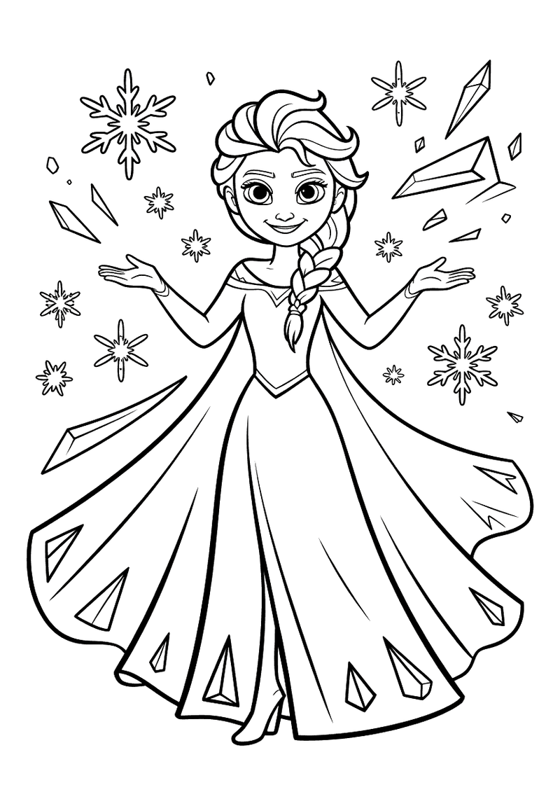 Kleurplaat van Elsa die haar armen breed spreidt en laat ijskristallen en sneeuwvlokken om haar heen vliegen terwijl ze