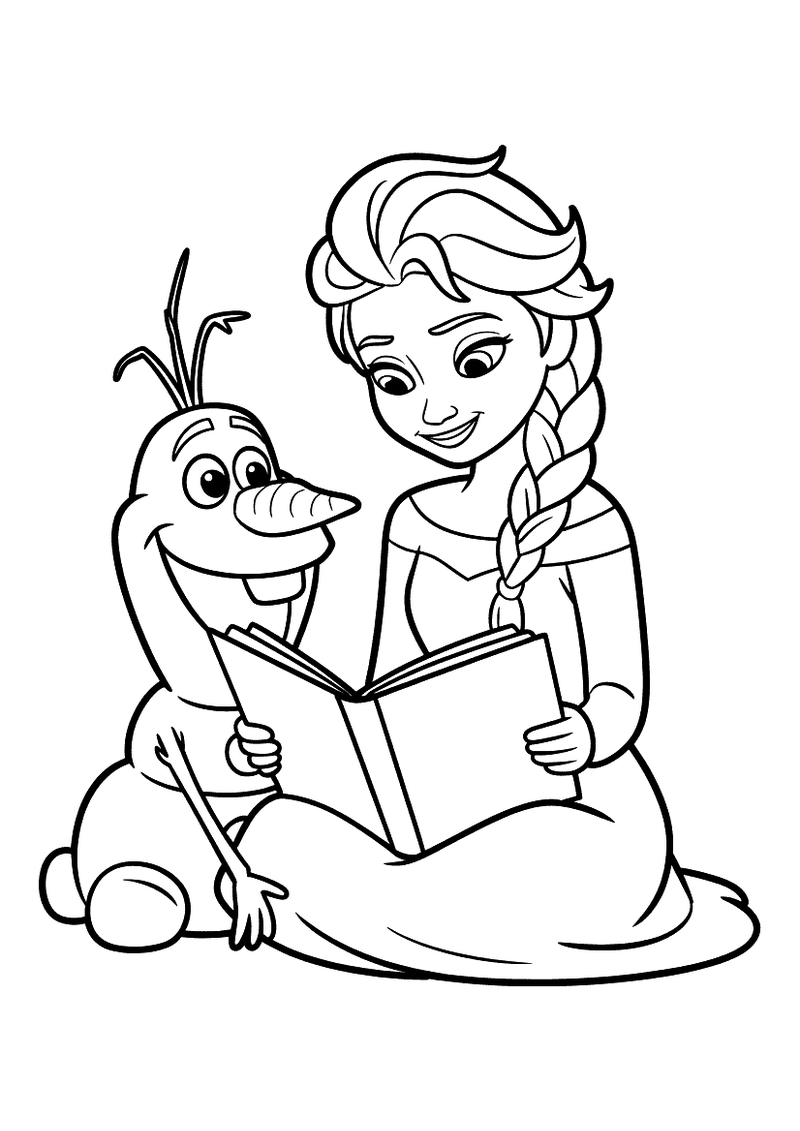 Kleurplaat van Elsa die zittend een boek leest terwijl sneeuwpop Olaf naast haar zit en aandachtig luistert