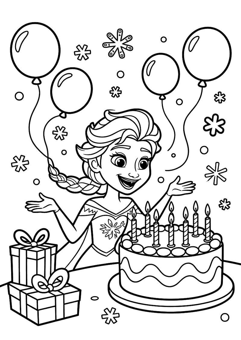 Kleurplaat van Elsa die voor een verjaardagstaart met kaarsen staat, omgeven door ballonnen en ingepakte cadeautjes