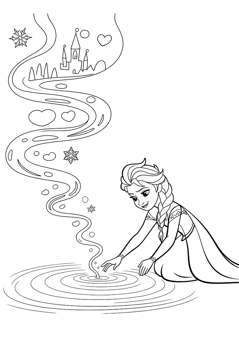 Kleurplaat van Elsa die het wateroppervlak aanraakt en een slingerend magisch spoor met een kasteel en hartjes omhoog zi