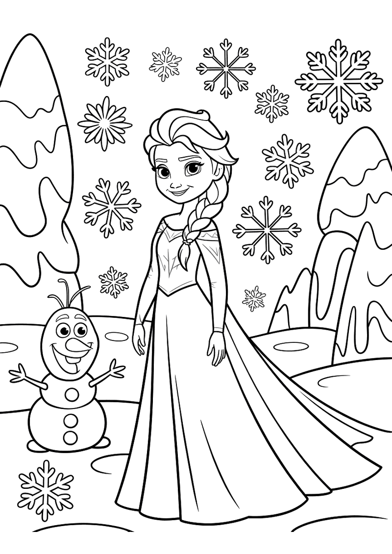 Kleurplaat van Elsa en Olaf in een winter wonderland met grote sneeuwvlokken, besneeuwde heuvels en ijzige bomen op de a