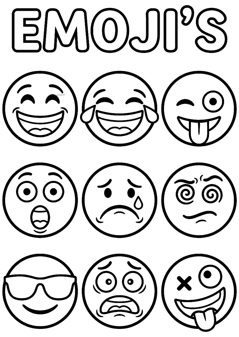 Kleurplaat met negen emoji-gezichtjes in een raster: lachend, knipoog, verbaasd, verdrietig, zonnebril en bang
