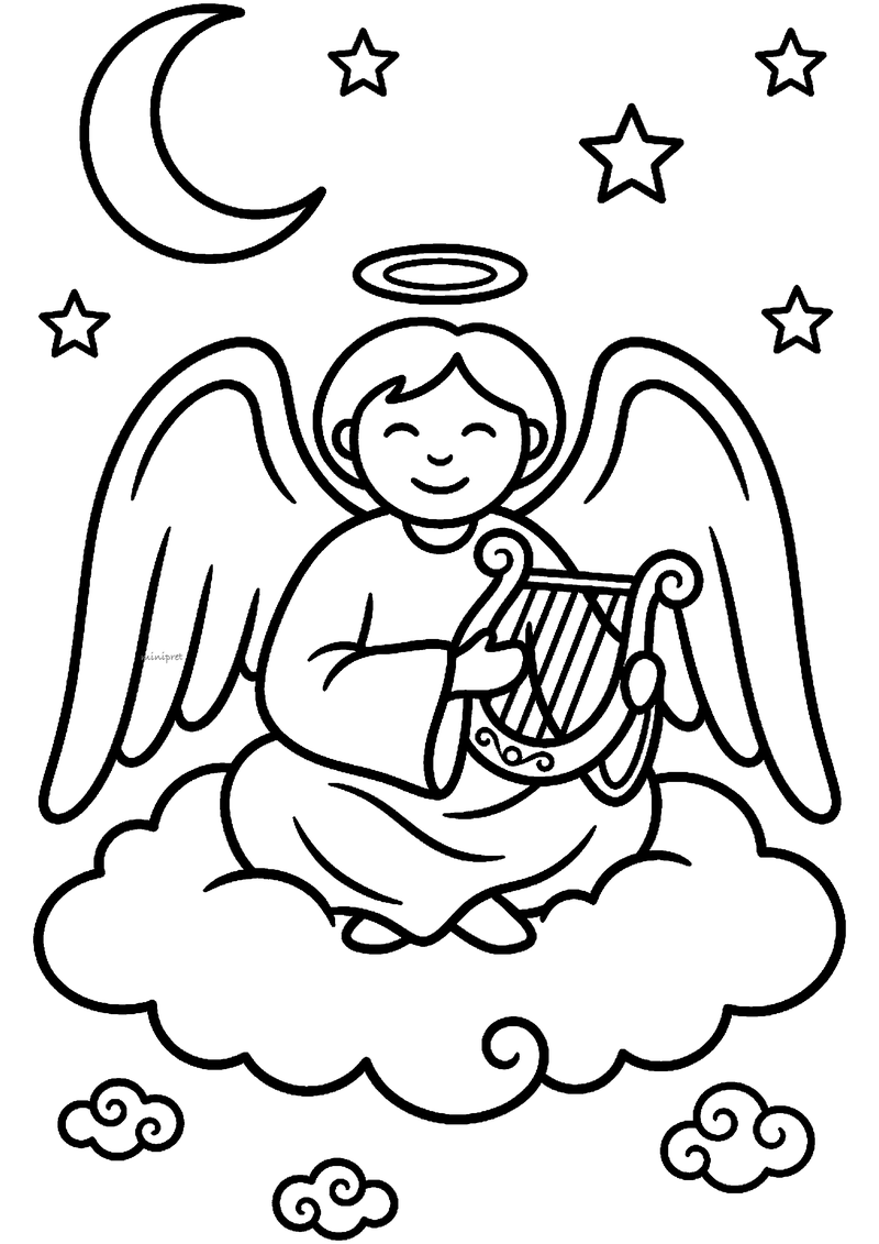 Kleurplaat van engel met aureool en grote vleugels die op een wolk een harp speelt onder halve maan en sterren