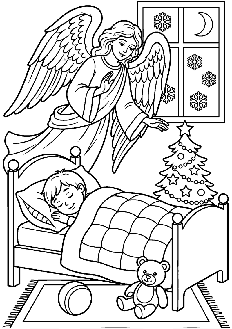 Kleurplaat van engel met grote vleugels die over een slapend kind in bed buigt met kerstboom en teddybeer ernaast