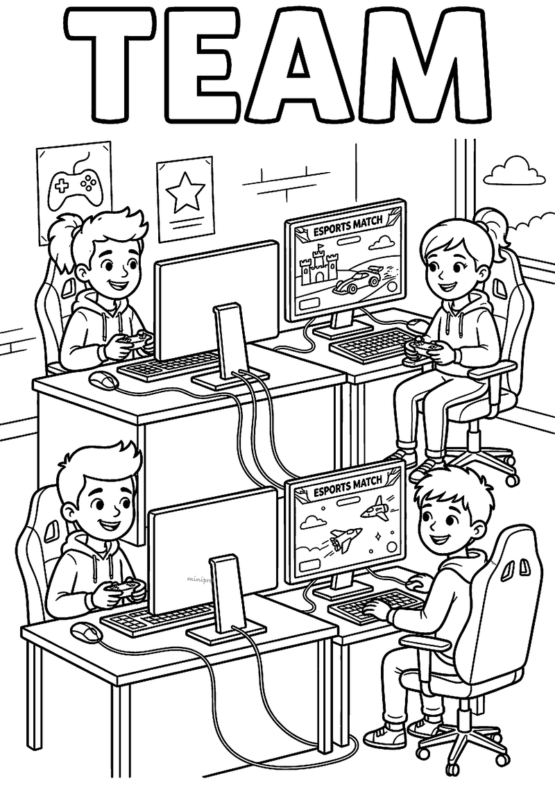 Gameteam achter de computers kleurplaat