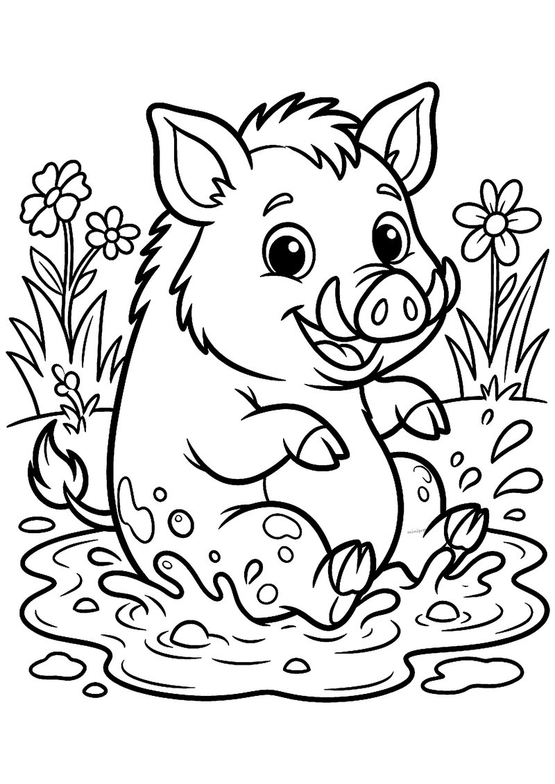 Kleurplaat van een lachend everzwijn met slagtandjes dat in een modderplas zit en spettert, met bloemen en gras erachter