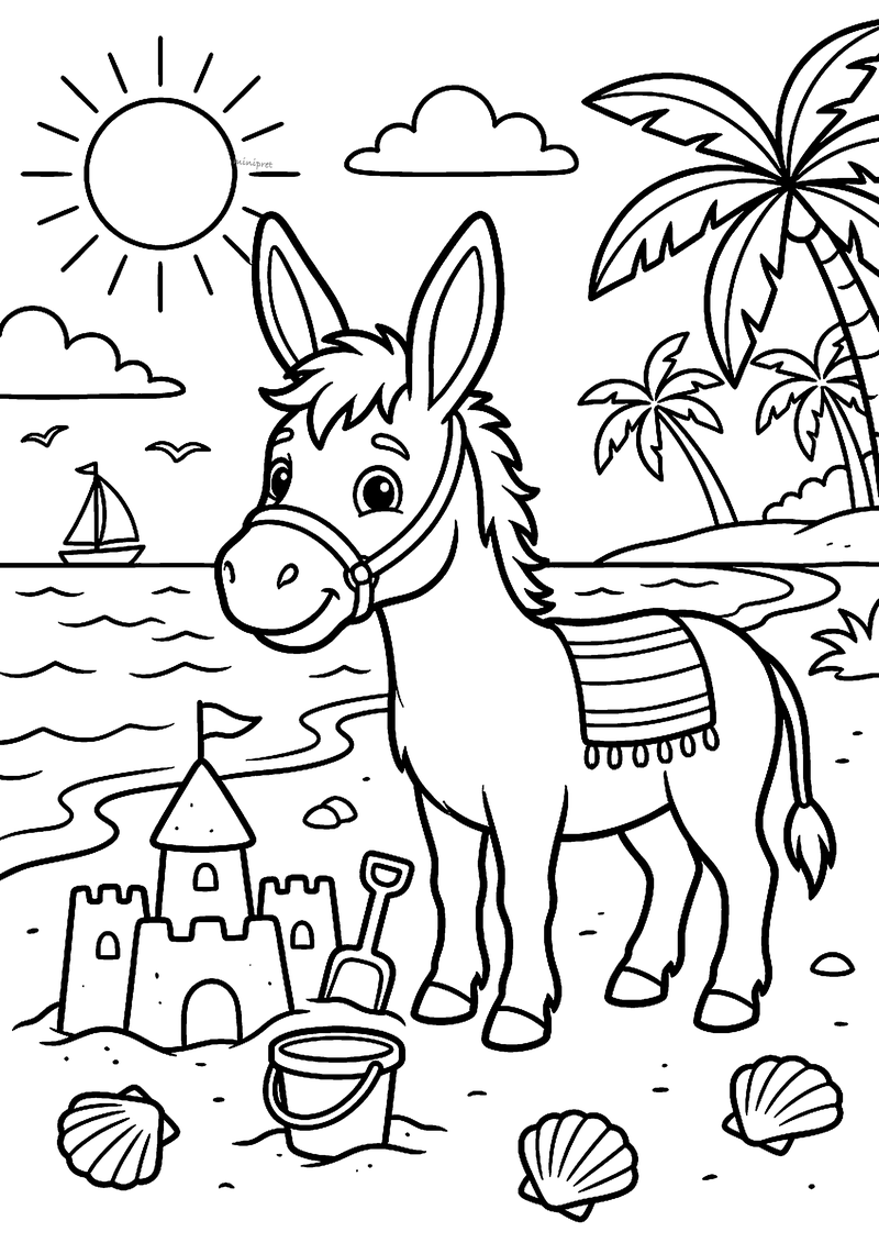 Kleurplaat van een ezel met dekentje op het strand naast een zandkasteel, emmer en schelpen, met palmbomen en zee