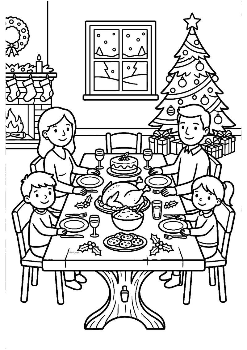 Kleurplaat van gezin van vier aan rechthoekige tafel met kalkoen tussen kerstboom en open haard met kousen