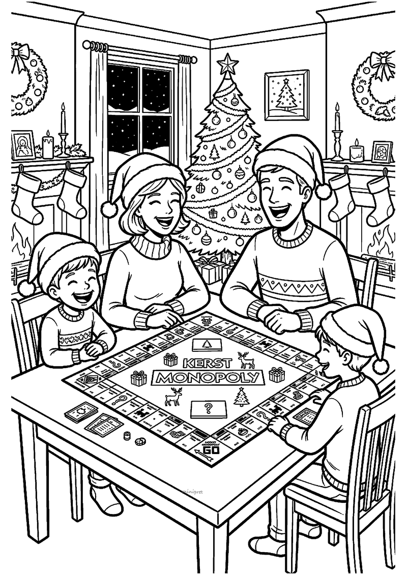 Kleurplaat van gezin met kerstmutsen dat Monopoly speelt aan ronde tafel met kerstboom en haard erachter