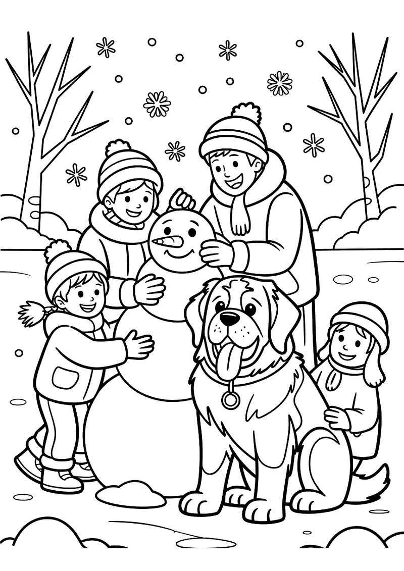 Kleurplaat van een gezin met twee ouders en twee kinderen die samen een sneeuwpop bouwen in de sneeuw, met een grote hon