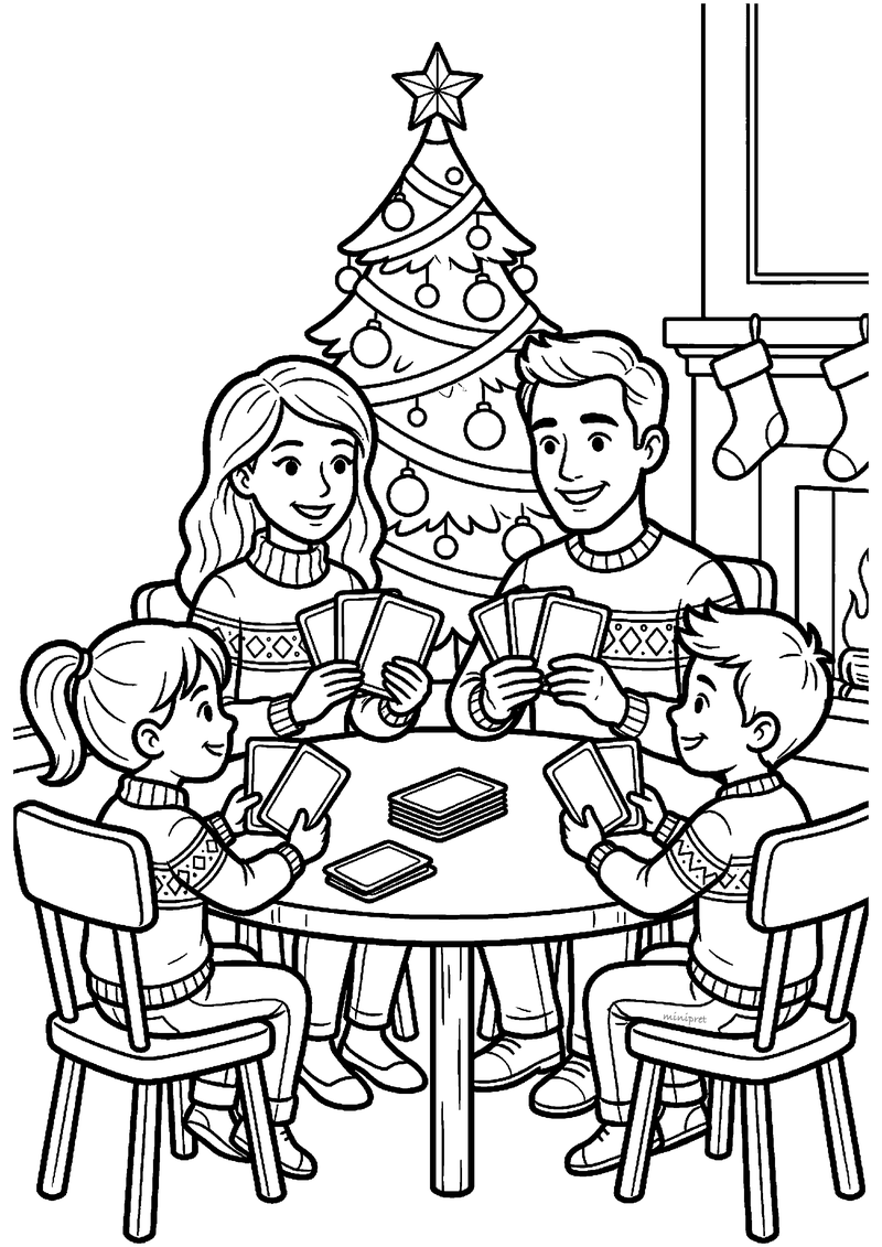 Kleurplaat van gezin in kerstgrillige truien dat kaartspel speelt voor kerstboom met kousen aan de muur