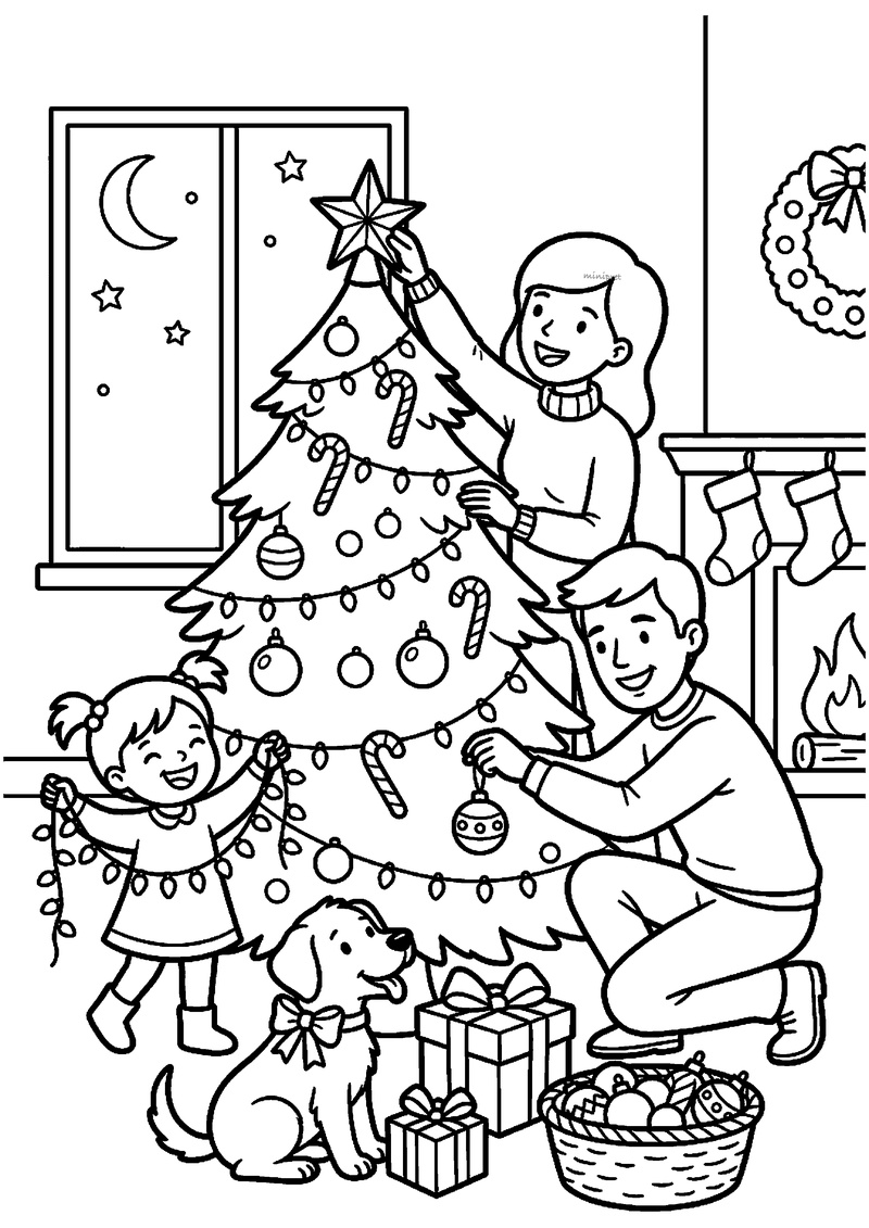 Kleurplaat van moeder die ster op kerstboom zet, vader die bal hangt en dochter met slinger met hond ernaast