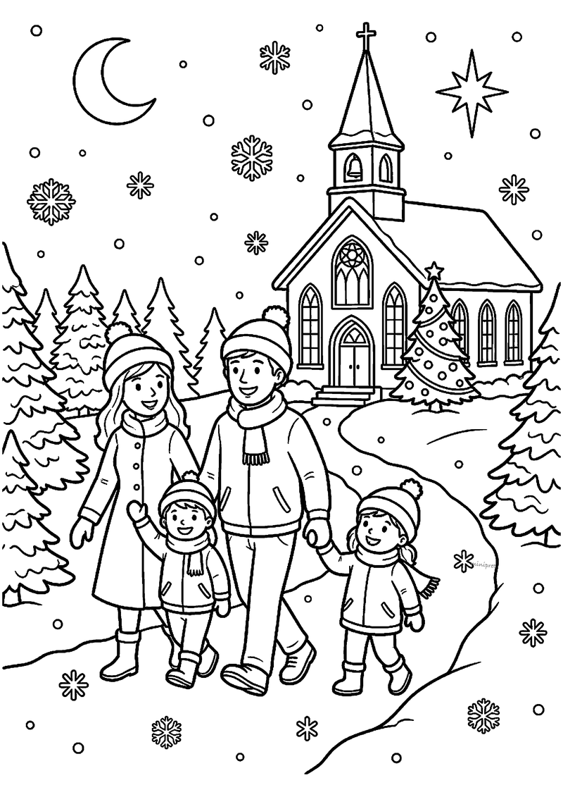 Kleurplaat van gezin in winterkleren dat hand in hand door sneeuw naar kerk met toren en kerstboom loopt