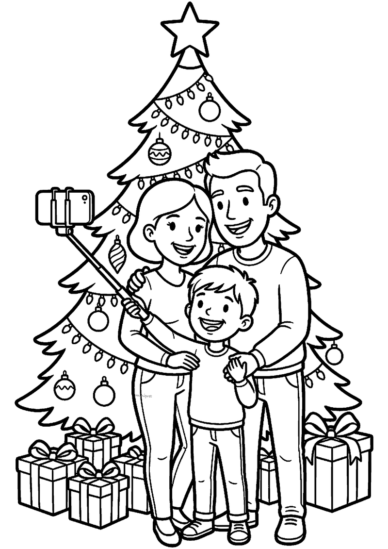 Kleurplaat van gezin van drie dat selfie maakt met selfiestick voor grote kerstboom met cadeaus eronder