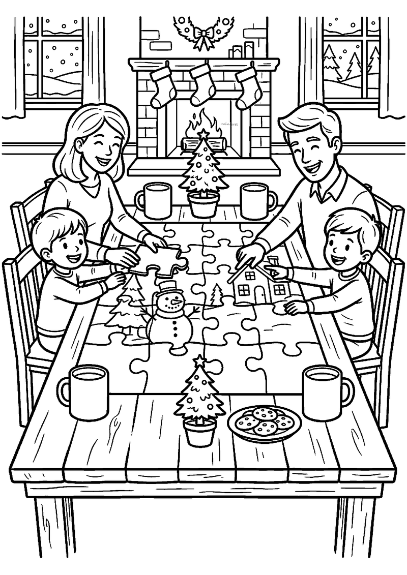 Kleurplaat van gezin van vier dat legpuzzel maakt aan tafel met kerstboompje, open haard en sneeuwvenster