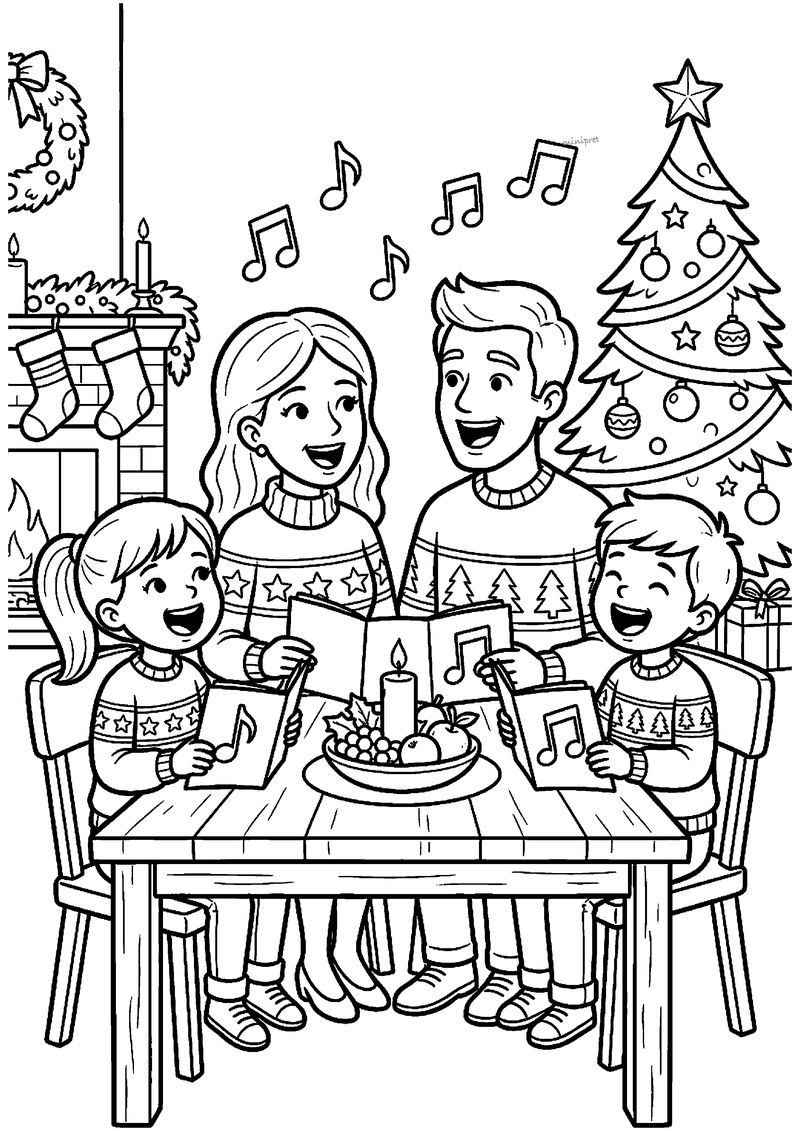Kleurplaat van gezin in kersttruien dat uit boekjes kerstliederen zingt aan tafel met kaarsje en muzieknoten