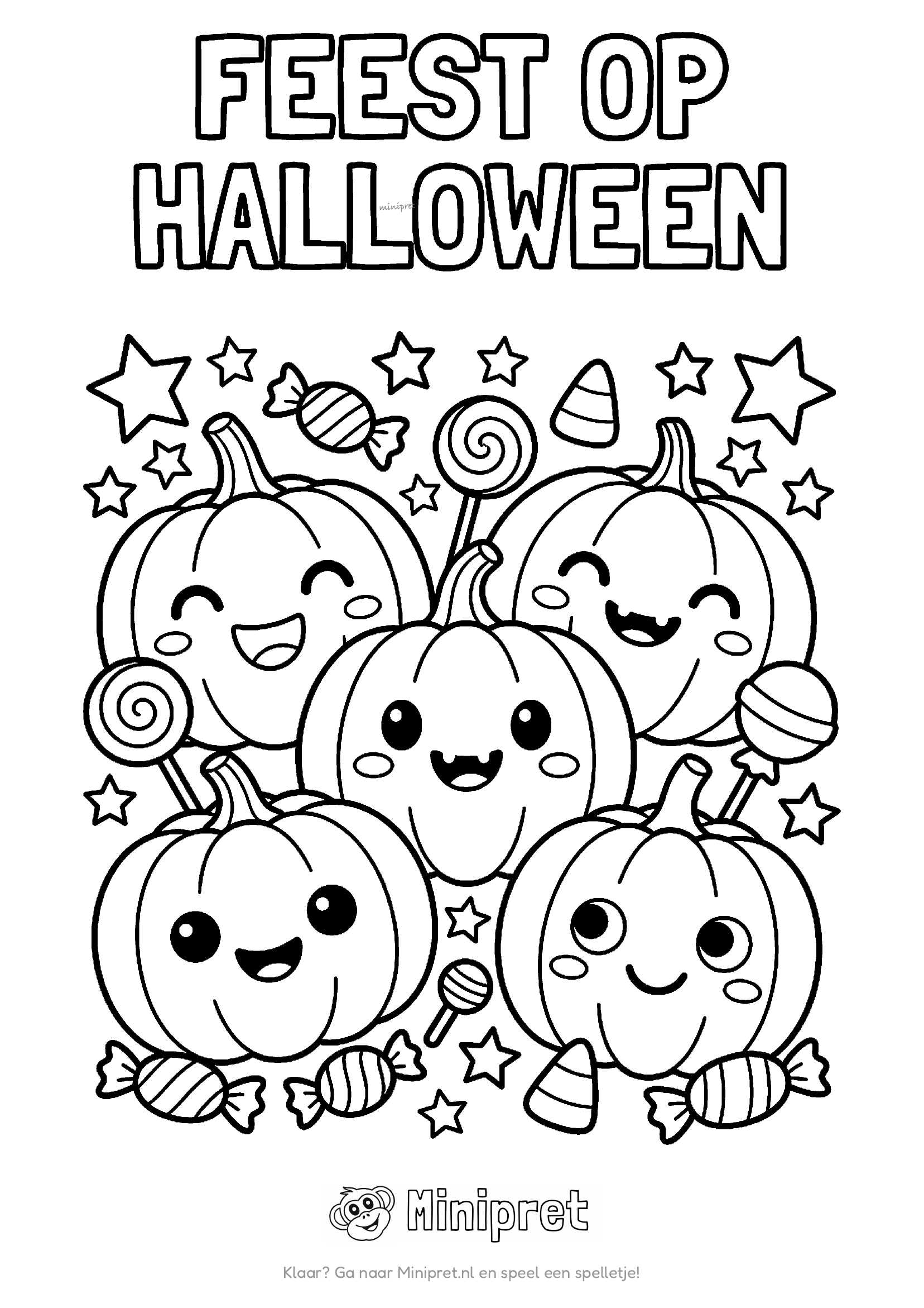 Feest op Halloween kleurplaat — feest op Halloween-scene met verklede kinderen tussen lampionnen, pompoenen en vleermui