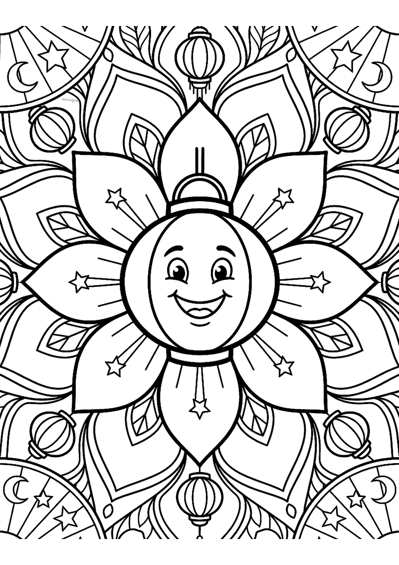 Kleurplaat van een mandala met een lachende lampion in het midden, bloembladen met sterretjes en kleine lampionnen