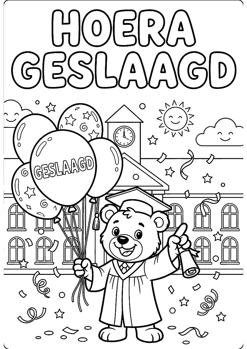Feestelijke Scene met Diploma Ballon en Confetti met Tekst Hoera Geslaagd Geslaagd Kleurplaat — gratis kleurplaat